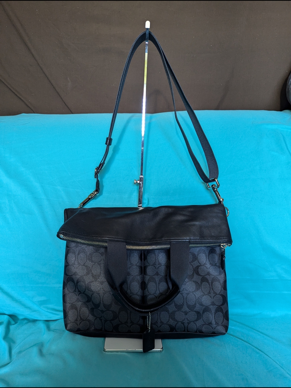 Coach Black Signature Leather Messenger Tote Unisex - Picture 2 of 6